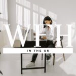 Work From Home In The UK Logo. Lady working at home with overlay of initials WFH In the UK